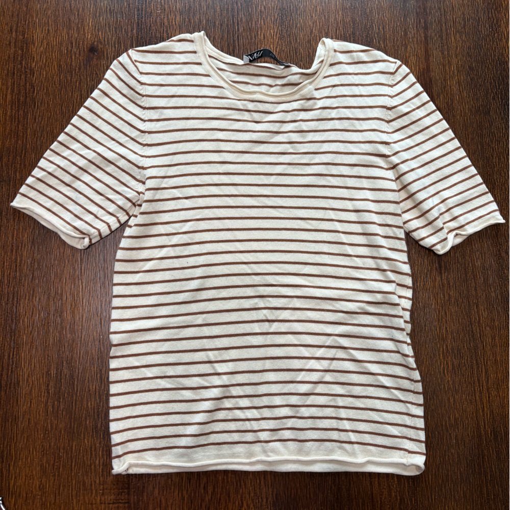 Zara Cream and Brown Striped Top
